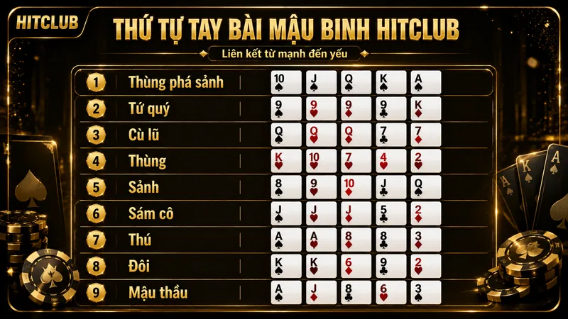 Thứ tự sức mạnh các tay bài Mậu Binh HITCLUB